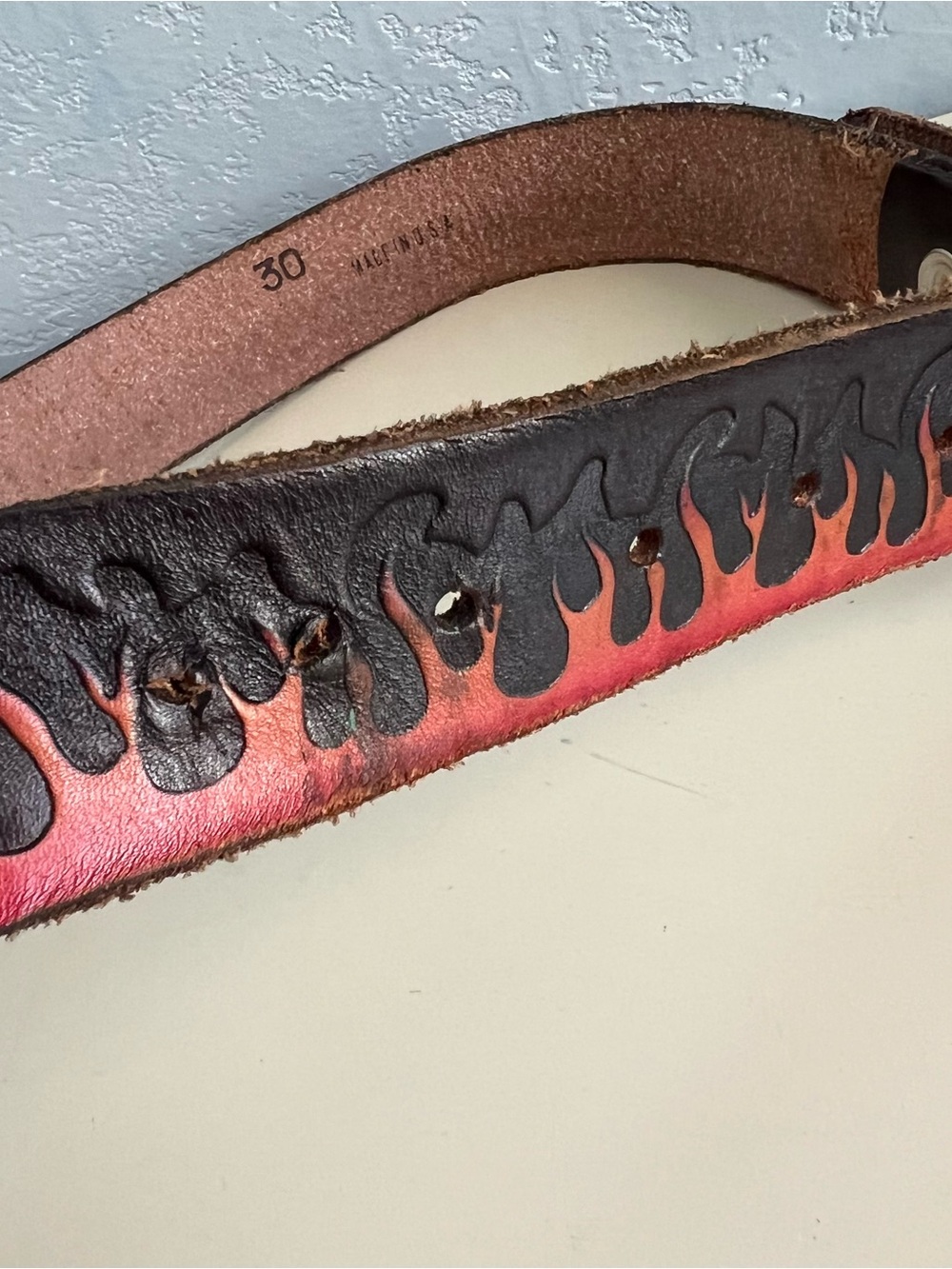 Y2K Flame Leather Belt Red Black Tooled Western Biker Belt Size 30 Made in USA - Picture 7 of 7
